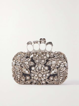 Four Ring Crystal-Embellished Snake-Effect Leather Clutch