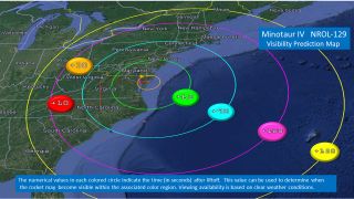 This NASA graphic shows the visibility range for the NROL-129 spy satellite launch on a Minotaur IV rocket from the Wallops Flight Facility on Wallops Island, Virginia on July 15, 2020.
