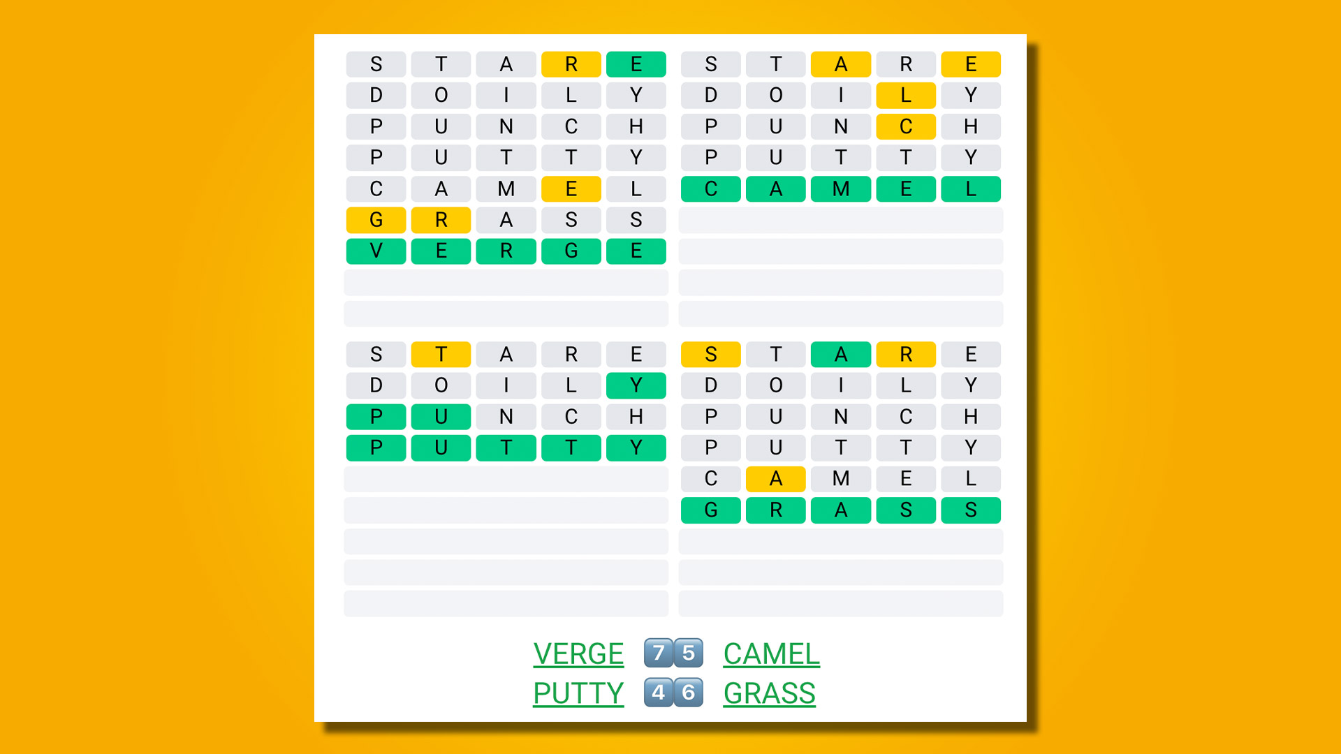 Quordle 440 answers on a yellow background