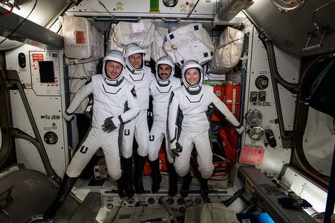 The SpaceX Crew-3 astronauts (from left to right), ESA astronaut Matthias Maurer and NASA astronauts Thomas Marshburn, Raja Chari and Kayla Barron.