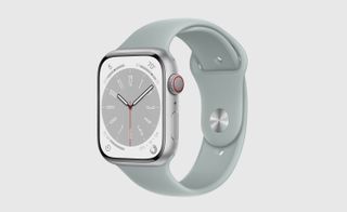 Also unveiled, the Apple Watch Series 8. A watch with a rectangular face and a grey strap.