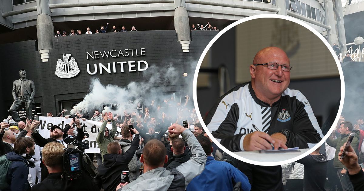 Former Newcastle United physio Derek Wright inset picture, in front of a celebration scene outside St James&#039; Park in October 2021 when Newcastle United were taken over