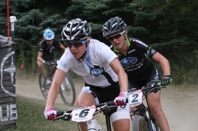 Chloe Woodruff (Crankbrothers Race Club) leads Heather Irmiger (Subaru Trek) and teammate Judy Freeman (Crankbrothers Race Club) in the short track race. Irmiger won the short track while Freeman took the cross country title.