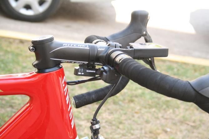 Luca Paolini (Katusha) had a Shimano Dura-Ace climber shift button mounted for the stage to Elmali. Got a decent degree of negative rise in that stem too