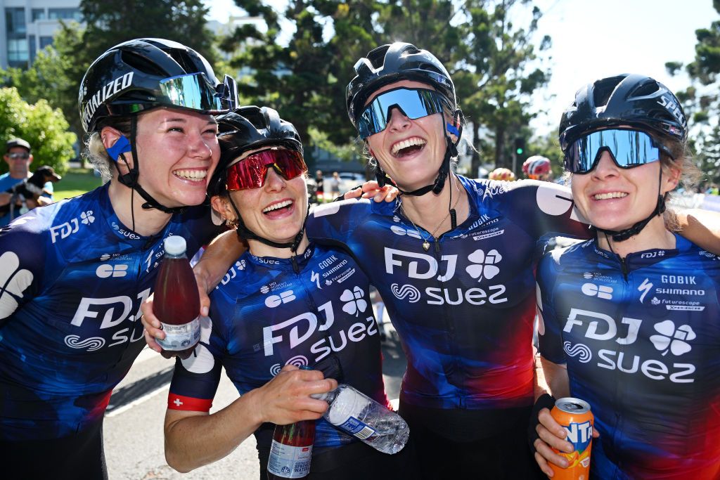 GEELONG AUSTRALIA FEBRUARY 01 Race winner Ally Wollaston of New Zealand and Team FDJ Suez celebrates the victory with her teammates Marie Le Net of France Elise Chabbey of Switzerland and Amber Kraak of The Netherlands after the 9th Cadel Evans Great Ocean Road Race 2025 Womens Elite a 1418km one day race from Geelong to Geelong UCIWWT on February 01 2025 in Geelong Australia Photo by Dario BelingheriGetty Images