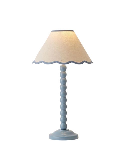 Powder Blue Bobbin Stem Table Lamp With Blue Trim Scallop Shade 