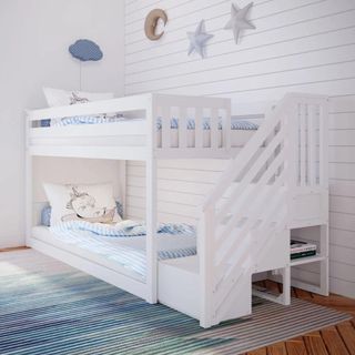 Max and Lily Twin over Twin Low Bunk Bed with Staircase in white in blue kids bedroom
