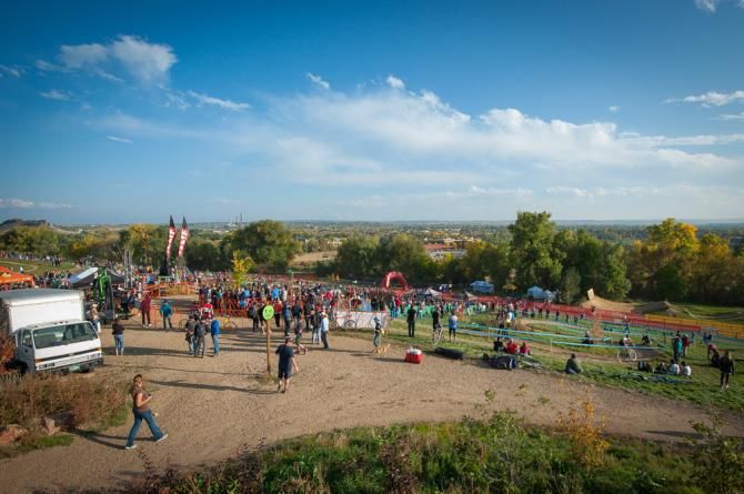 A nice day to have a cyclocross race. On top of Valmont Bike Park overlooking part of the race venue, where The 5280' Run-Up is visible while looking southeast. Boulder Cup.