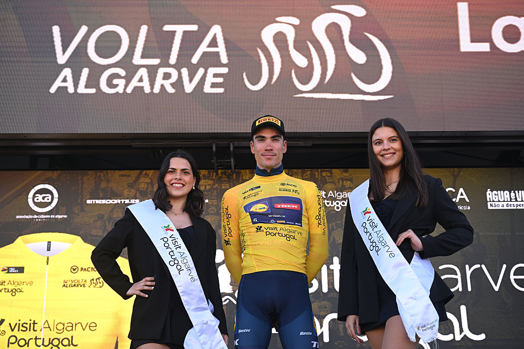 LAGOS, PORTUGAL - FEBRUARY 21: Juan Ayuso of Spain and Team Lidl - Trek - Yellow Leader Jersey celebrates at podium during the 52nd Volta ao Algarve em Bicicleta 2026, Stage 4 a 175.1km stage from Albufeira to Lagos on February 21, 2026 in Lagos, Portugal. (Photo by Dario Belingheri/Getty Images)