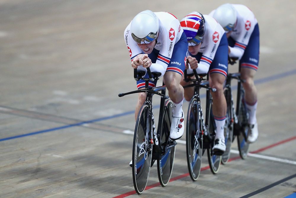 Ethan Hayter, Edward Clancy, Oliver Wood and Kian Emadi of Great Britain or Team GB compete in the men's pursuit qualifying on day one of the UCI Track Cycling World Championships