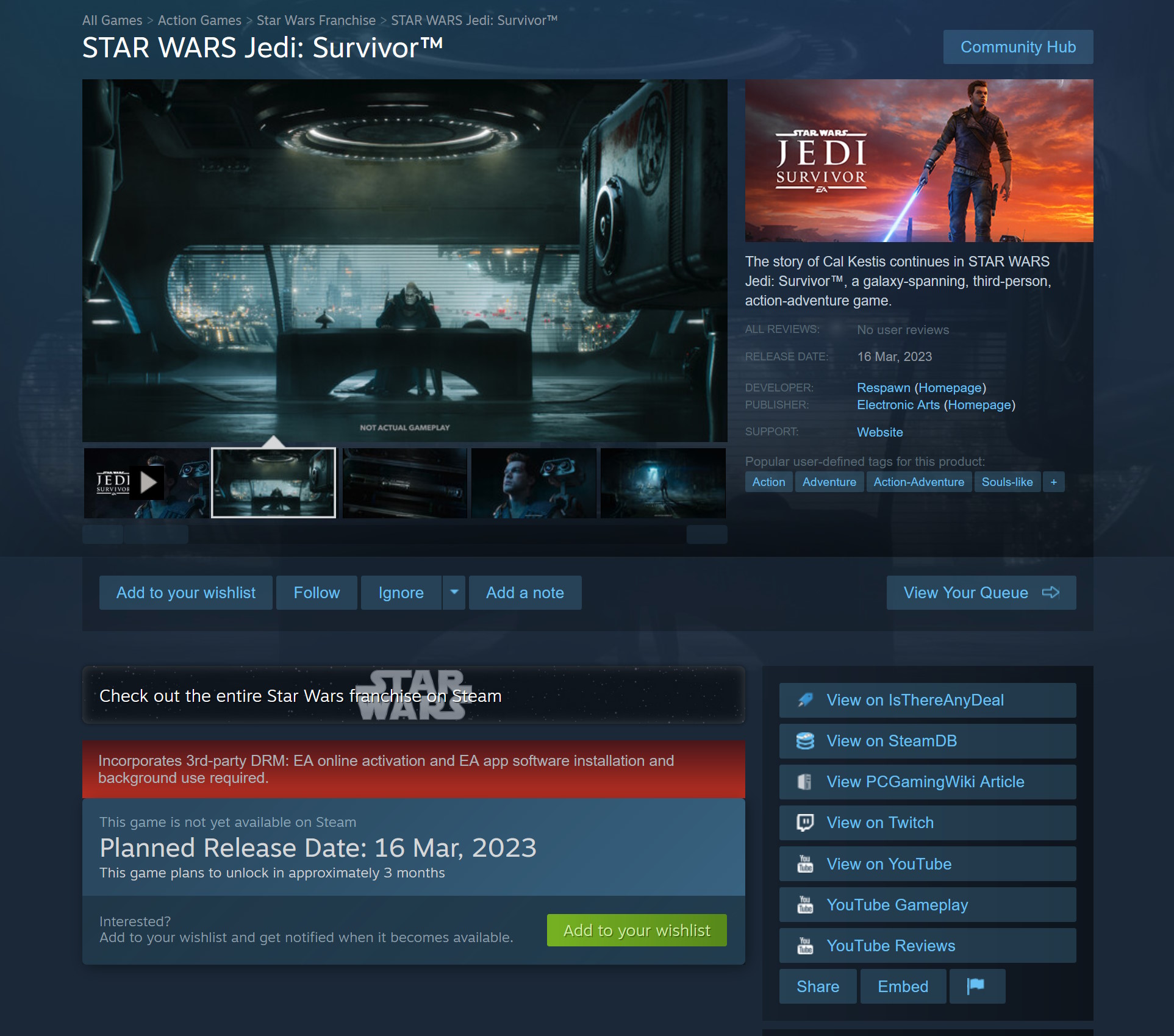 Page Steam de Star Wars Jedi: Survivor
