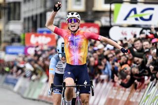 Demi Vollering celebrates winning Liege-Bastogne-Liege and securing the Ardennes Classics triple crown