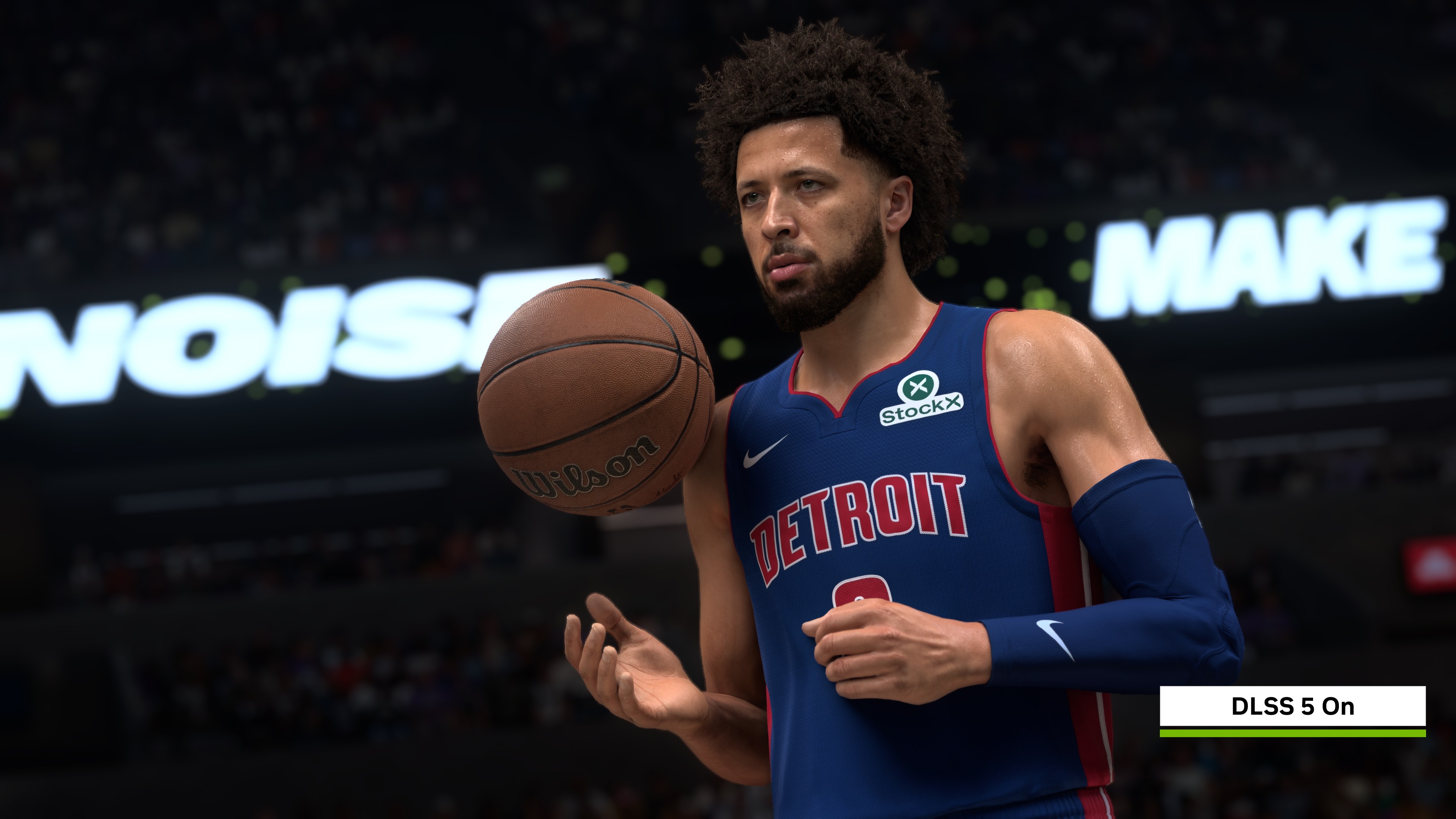 A basketball player in NBA 2K27 with DLSS 5 turned on