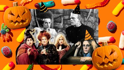 Halloween movies on candy and pumpkin background