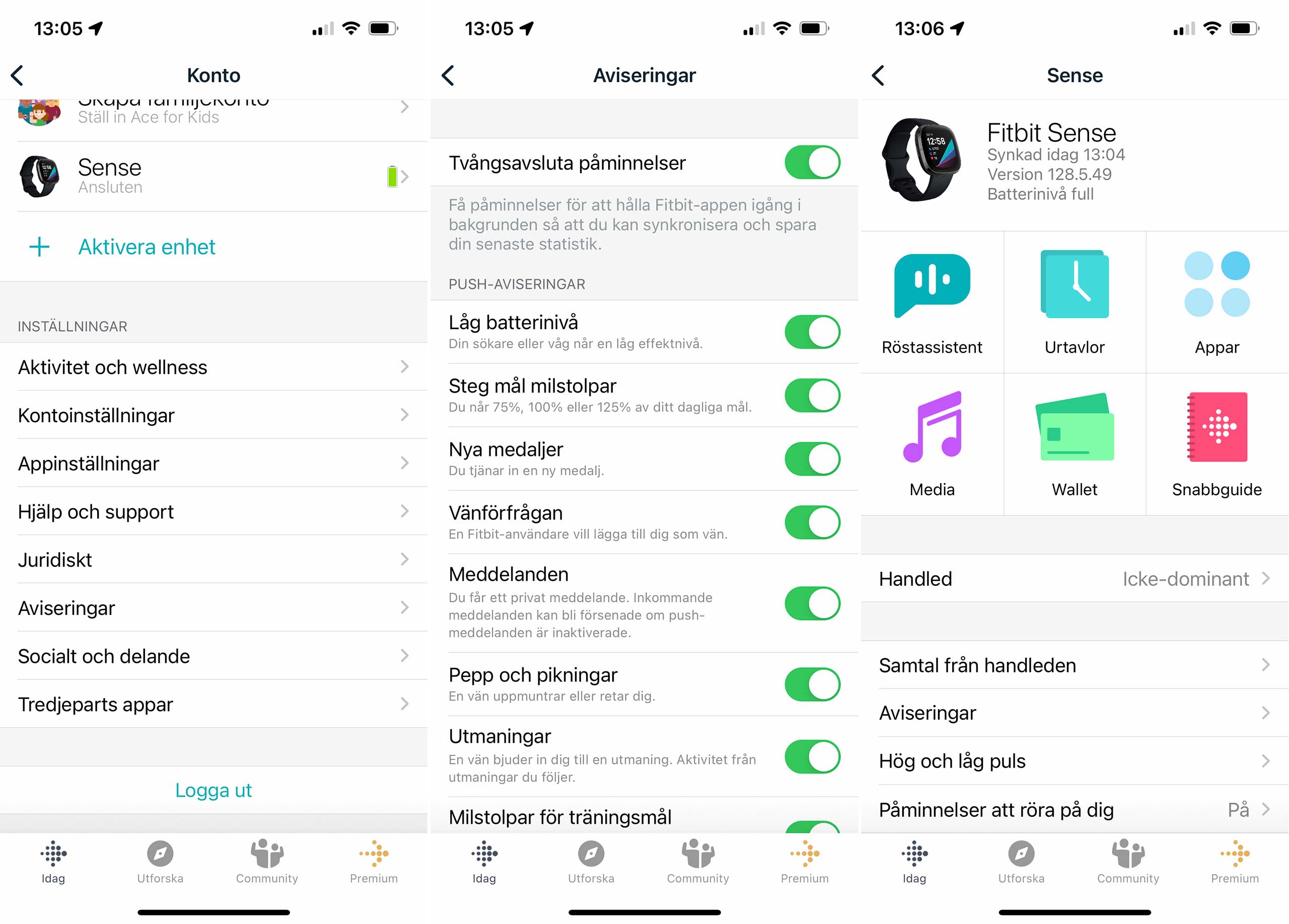 Skärmdumpar från Fitbit-appen som visar inställningsmöjligheter i appen.