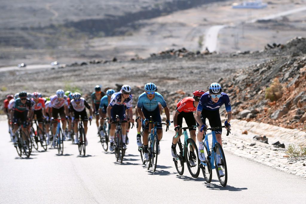 JABAL HATT OMAN FEBRUARY 13 Matteo Jorgenson of The United States and Movistar Team attacks during the 12th Tour of Oman 2023 Stage 3 a 1518km stage from Al Khobar to Jabal Hatt 1000m TourofOman on February 13 2023 in Jabal Hatt Oman Photo by Alex BroadwayGetty Images