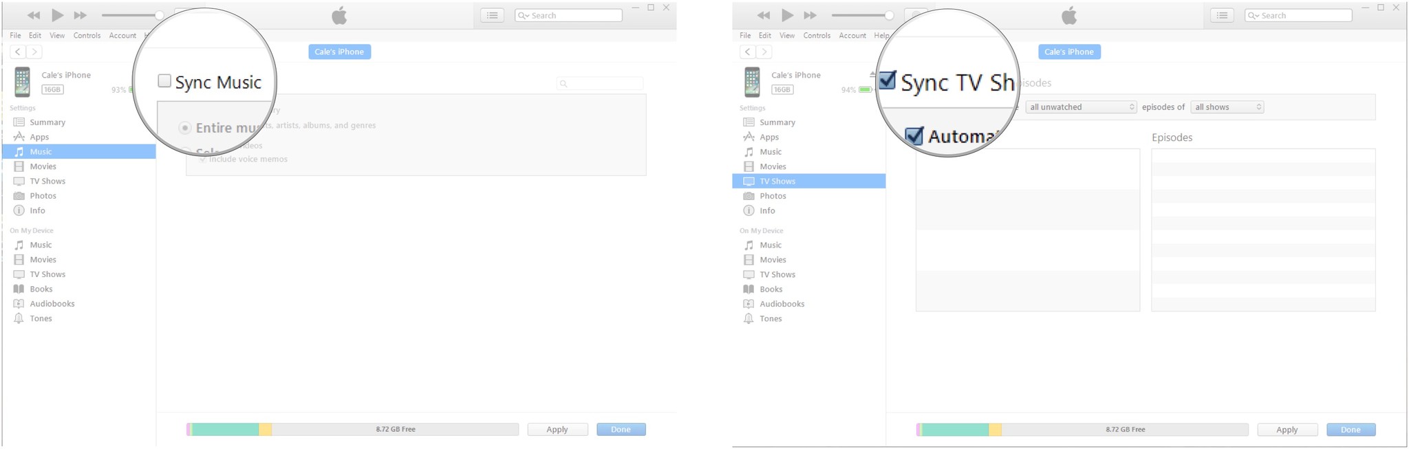 Click the checkbox next to Sync Music. Repeat the process for all media types.