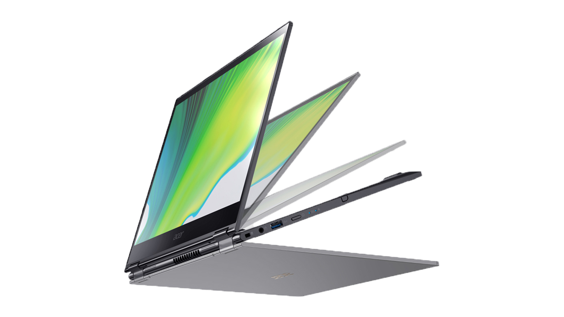 The Acer Spin 5 (2020), one of the best 2-in-1 laptops, in its different modes against a white background