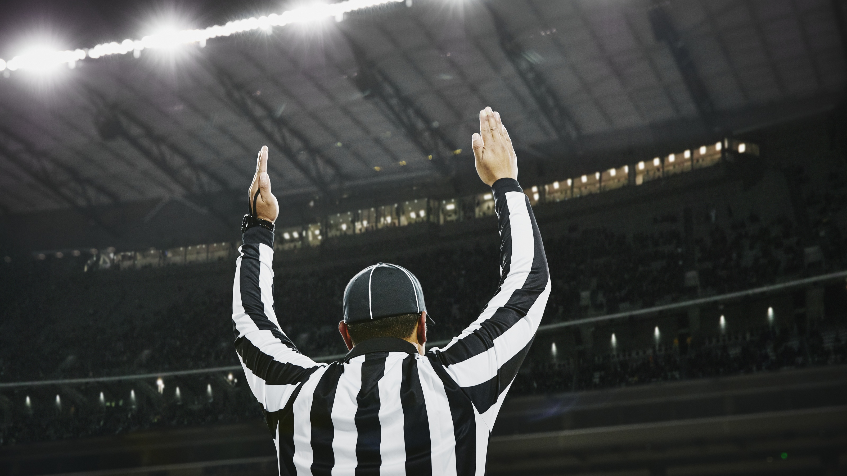 A referee raises his arms in the touchdown gesture.