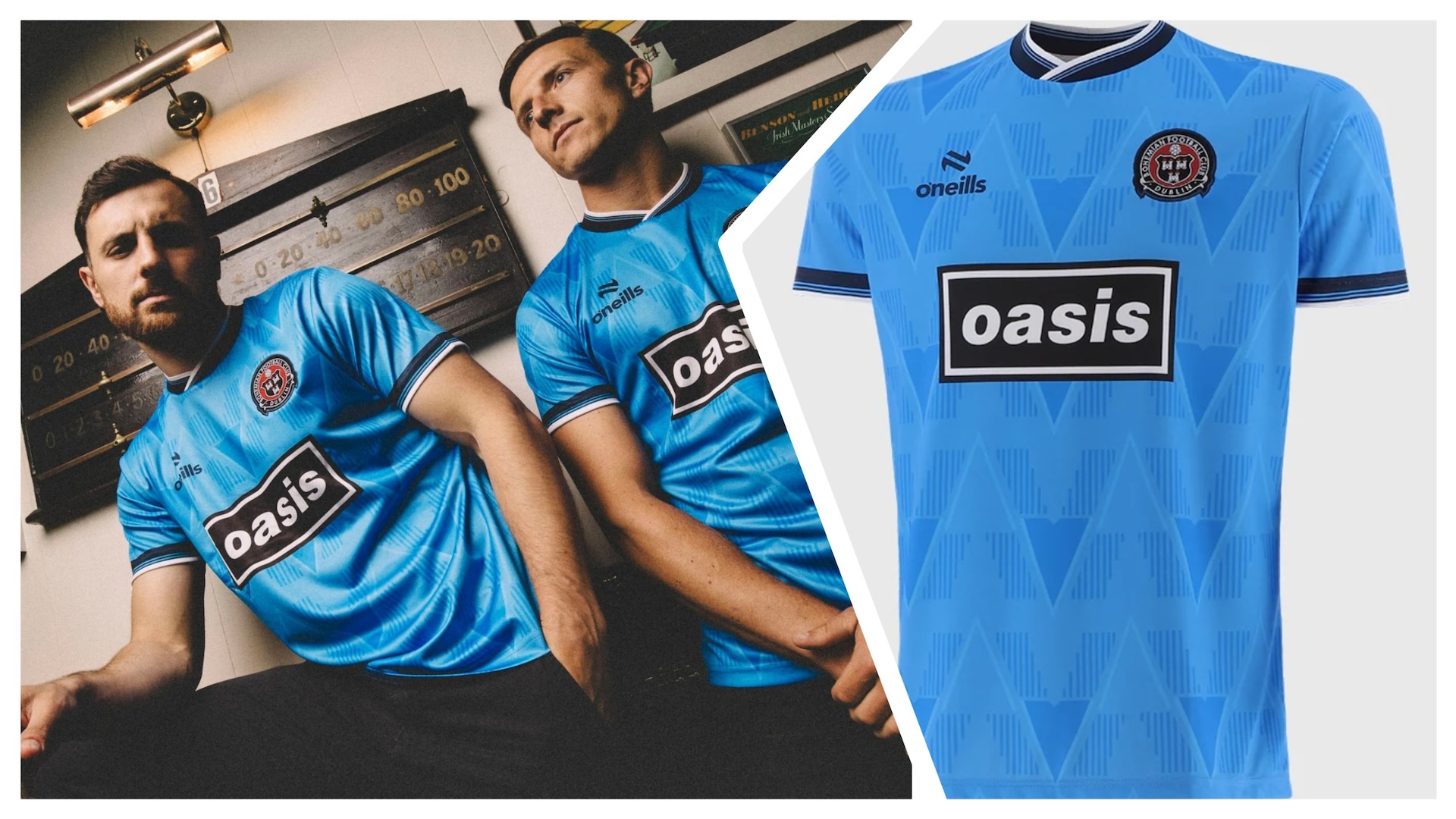 Two photos of the Bohemians Oasis shirt, on the left on two models and on the right without a model 