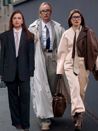 A collage of women in business chic outfits.