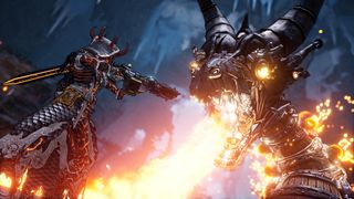 Promotional screenshot of a player fighting a dragon in Tiny Tina's Wonderlands