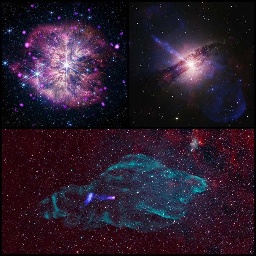 Three images of different structures in space.