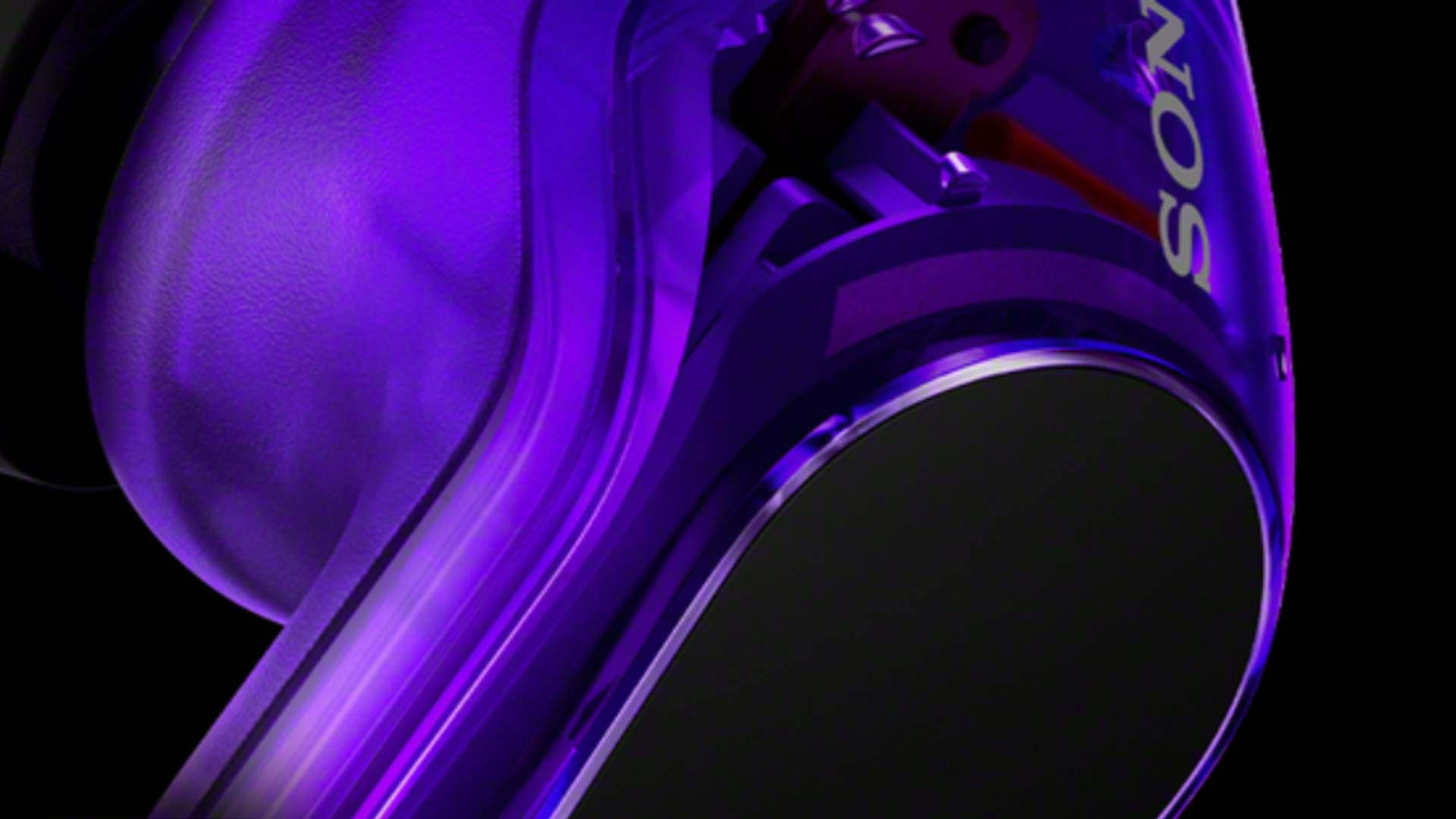 Close up of the Glass Purple Sony Inzone Buds, with a black background behind it.