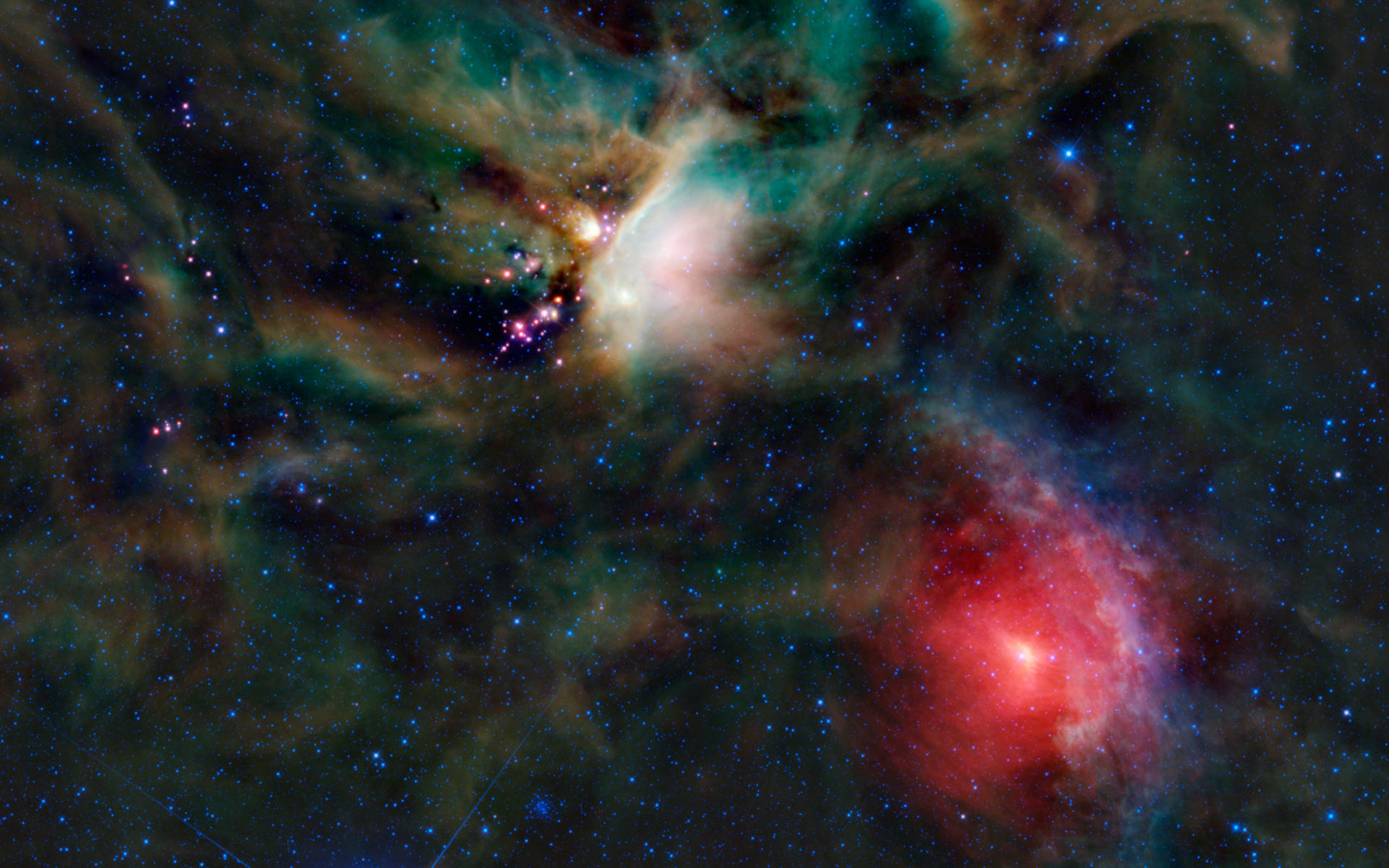 WISE, the Wide-field QInfrared Survey Explorer, took this picture of one of the closest star forming regions, a part of the Rho Ophiuchi cloud complex. It lies some 400 light-years from Earth. Dust clouds and embedded newborn stars glow at infrared wavele