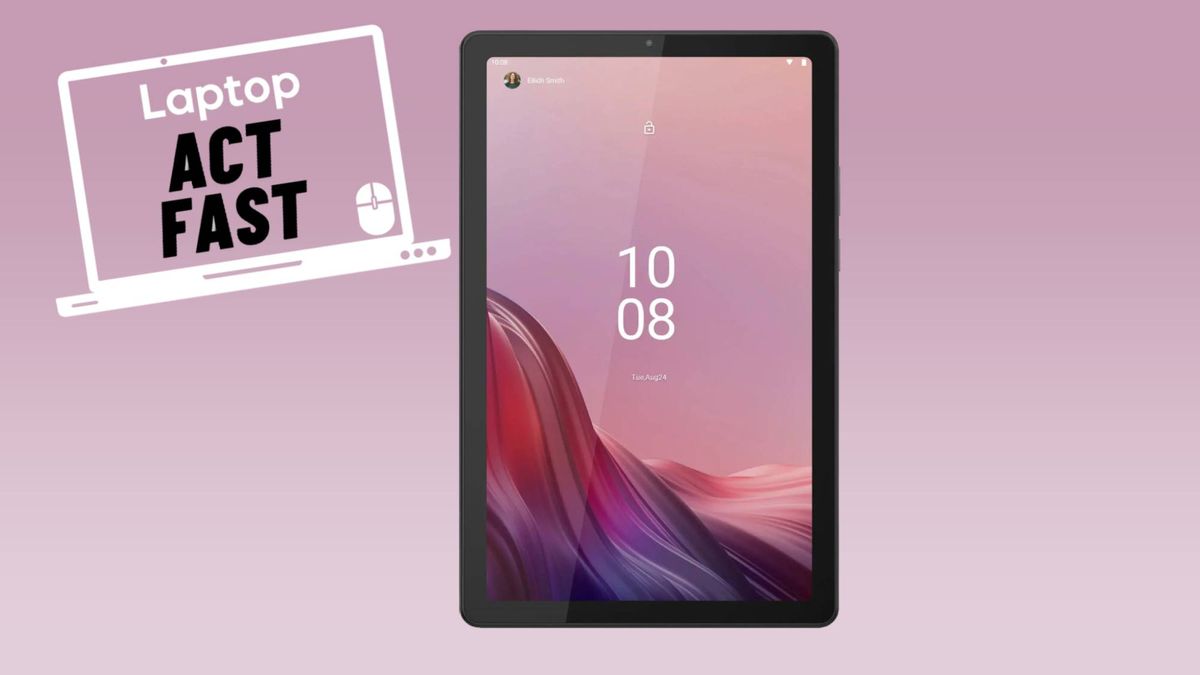 Lenovo Tab M9 tablet against pink gradient background with act fast deals sticker.