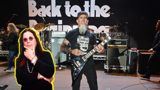 Scott Ian on stage for Back to the Beginning with a cut out of Ozzy