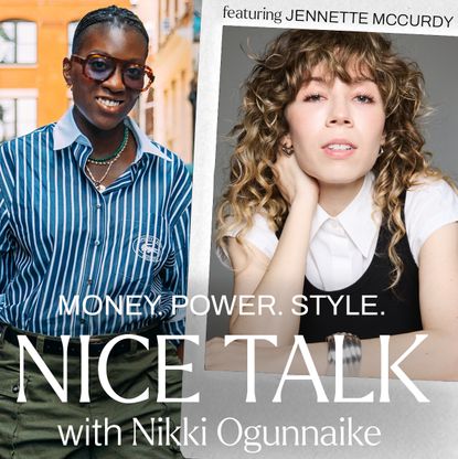 A photo of Nikki Ogunnaike with an inset photo of Jennette McCurdy and text reading Money. Power. Style. Nice Talk with Nikki Ogunnaike