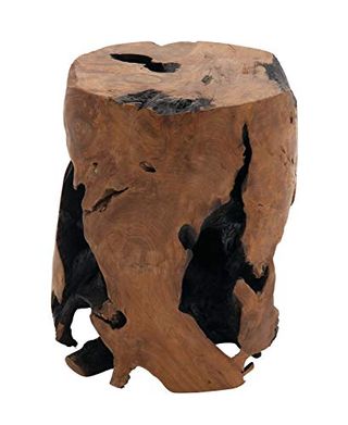 Deco Teak Wood Handmade Side Accent Live Edge Stump End Table With Charred Detailing