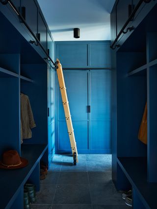 A closet that has uniform hardware and ladder