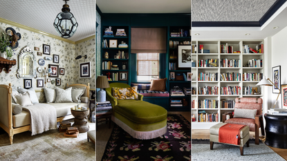 Three images showing full bookshelves and interesting artwork, side by side.