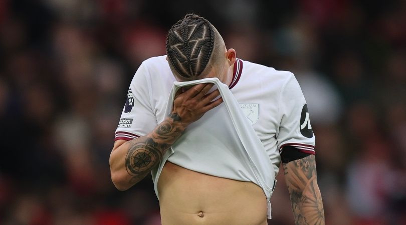 Kalvin Phillips looks dejected after West Ham&#039;s defeat to Manchester United in February 2024.