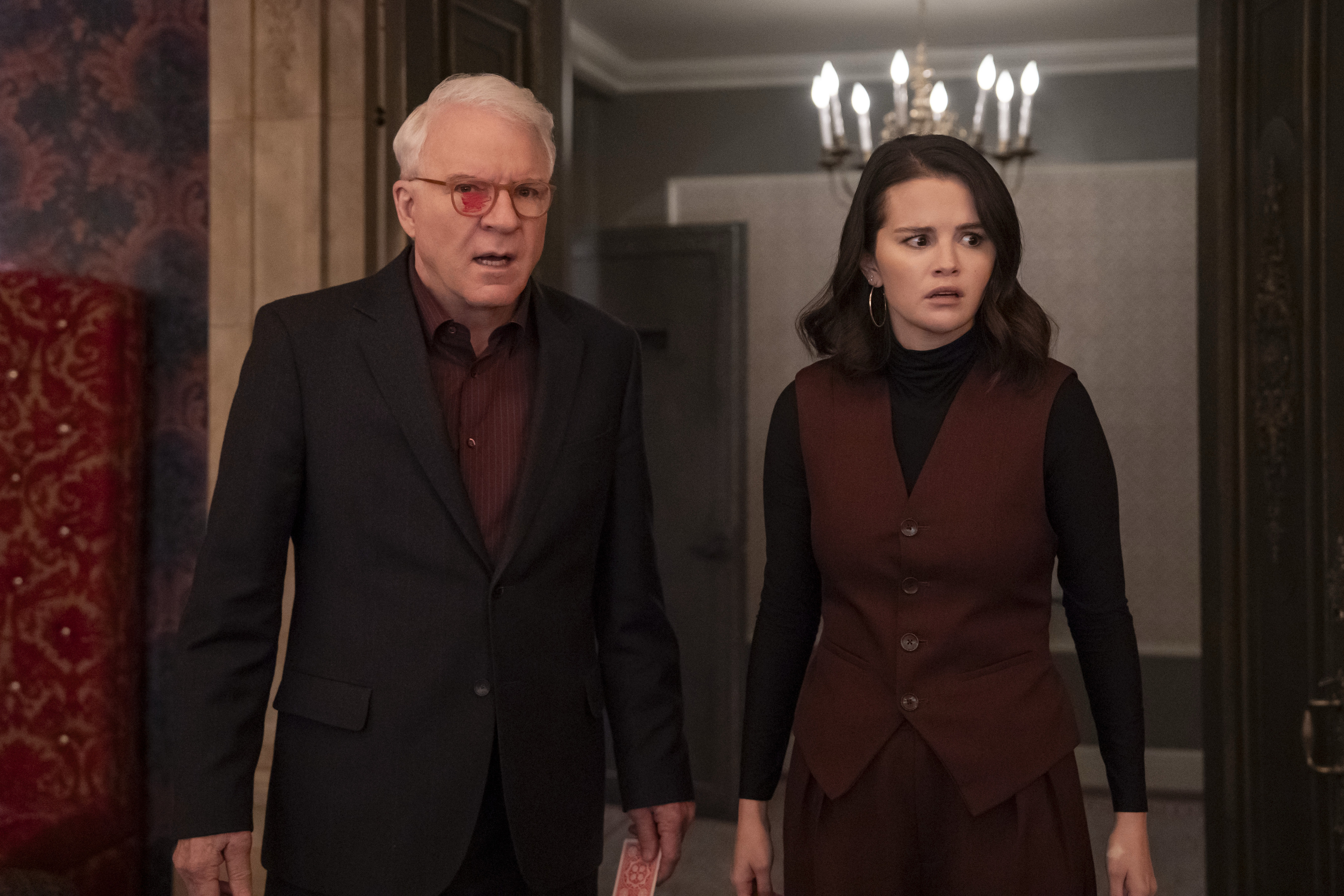 Selena Gomez wore a burgundy vest in Only Murders in the Building