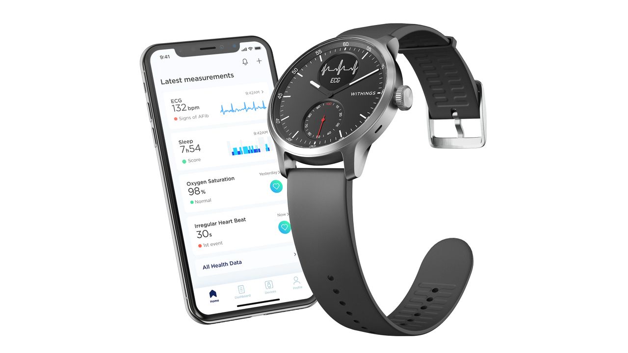 Withings ScanWatch review: Pictured here, the ScanWatch and the the Withings App on white background 