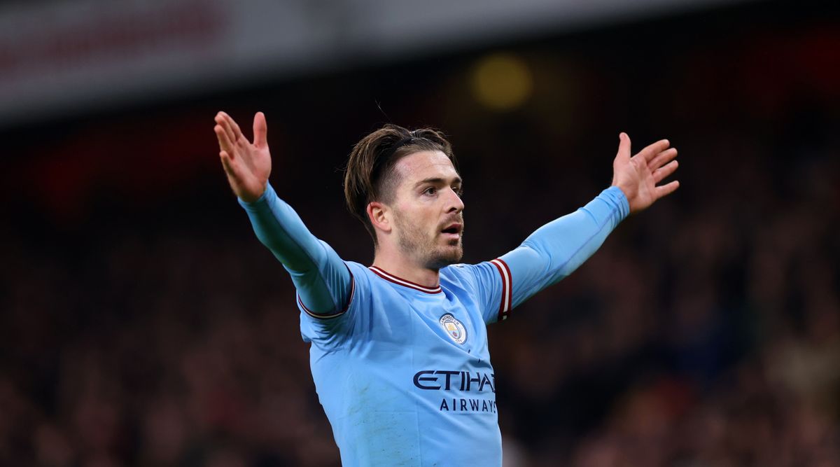 Jack Grealish of Manchester City celebrates after scoring his team&#039;s second goal during the Premier League match between Arsenal and Manchester City at the Emirates Stadium on 15 February, 2023 in London, United Kingdom.