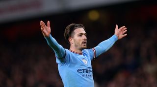 Jack Grealish of Manchester City celebrates after scoring his team's second goal during the Premier League match between Arsenal and Manchester City at the Emirates Stadium on 15 February, 2023 in London, United Kingdom.