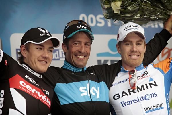 Heinrich Haussler (2nd, Cervelo), Juan Antonio Flecha (1st, Sky) and Tyler Farrar (3rd, Garmin-Transitions)
