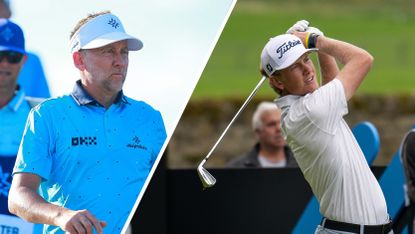 Ian Poulter (left) wears a sky blue Majesticks shirt while son Luke hits an iron shot on the right