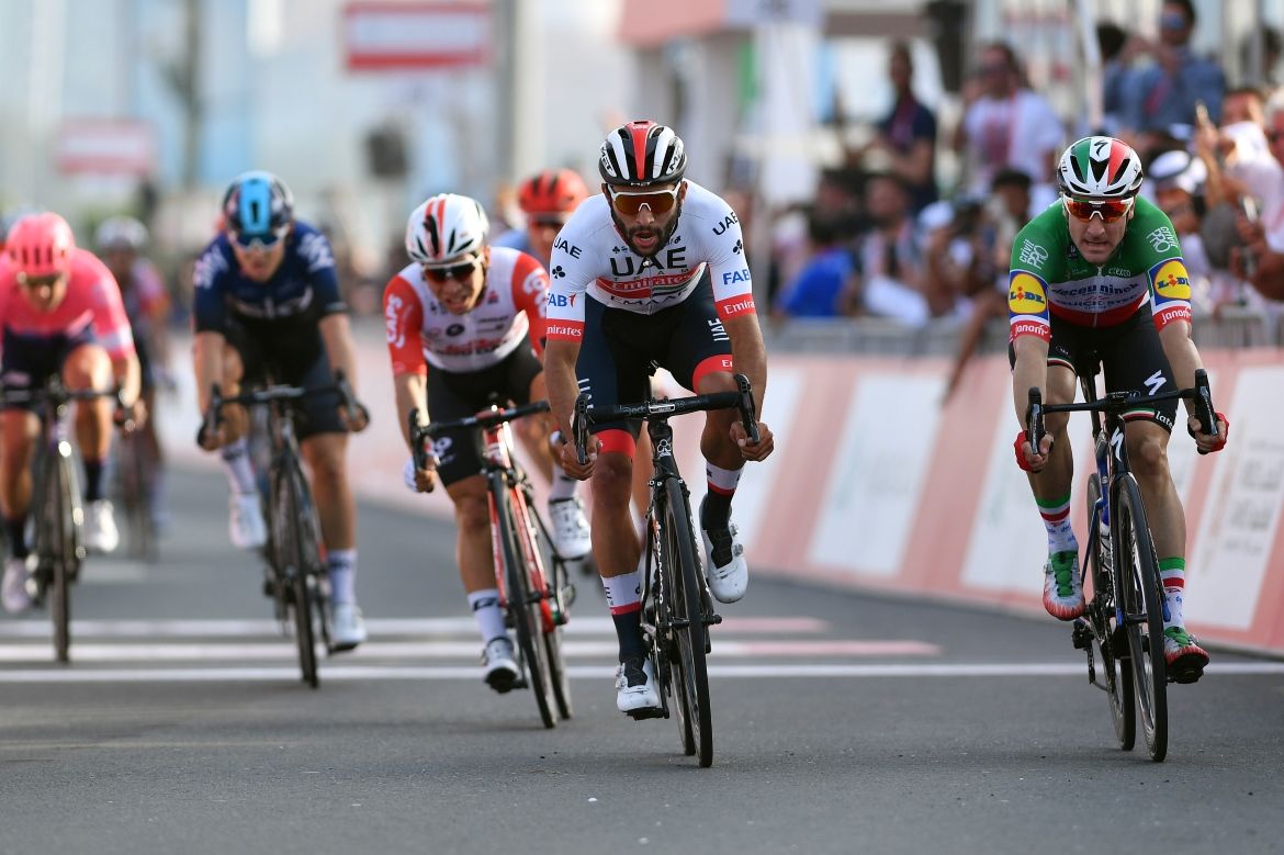 UAE Team Emirates' Gaviria crosses the line at the team's home race