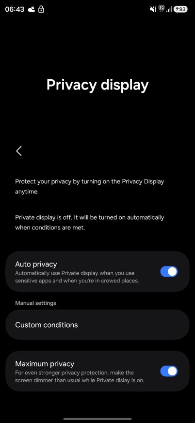 Privacy display toggles in Galaxy S26 Ultra