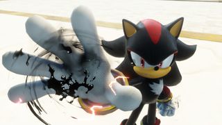 Shadow holds out his hand to absorb inky black doom powers in Sonic X Shadow Generations