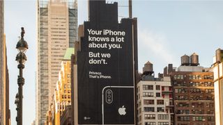 A billboard on the side of a building in Midtown Manhattan informs viewers of the privacy afforded by using Apple devices