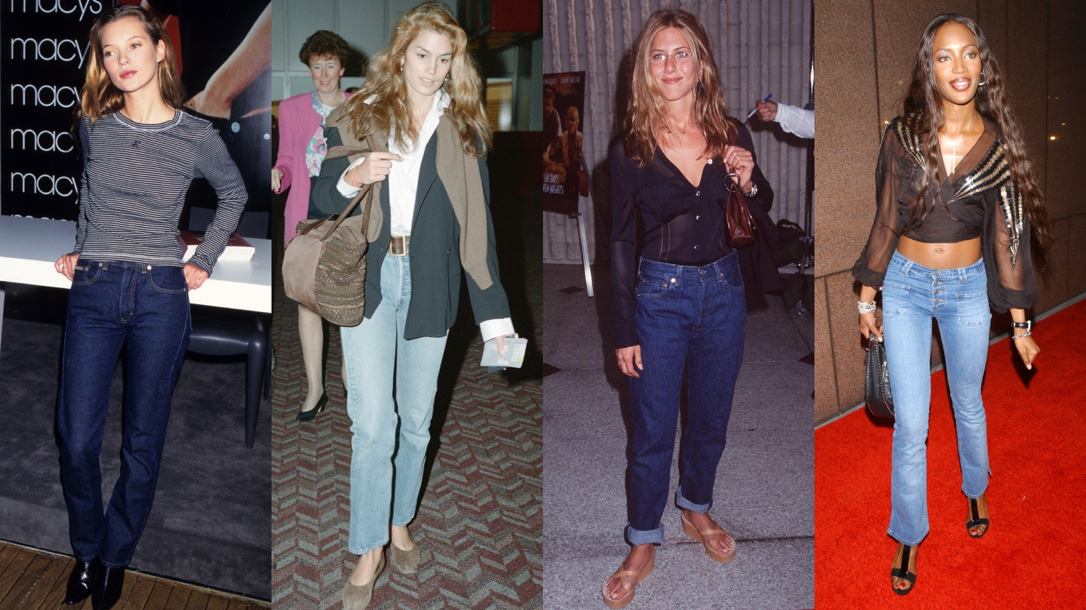 collage of kate moss, cindy crawford, jennifer anniston, and naomi campbell from the 1990s wearing jeans 