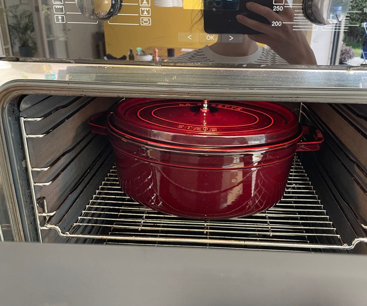 A large oval Dutch oven taking up all of the space inside of an oven.