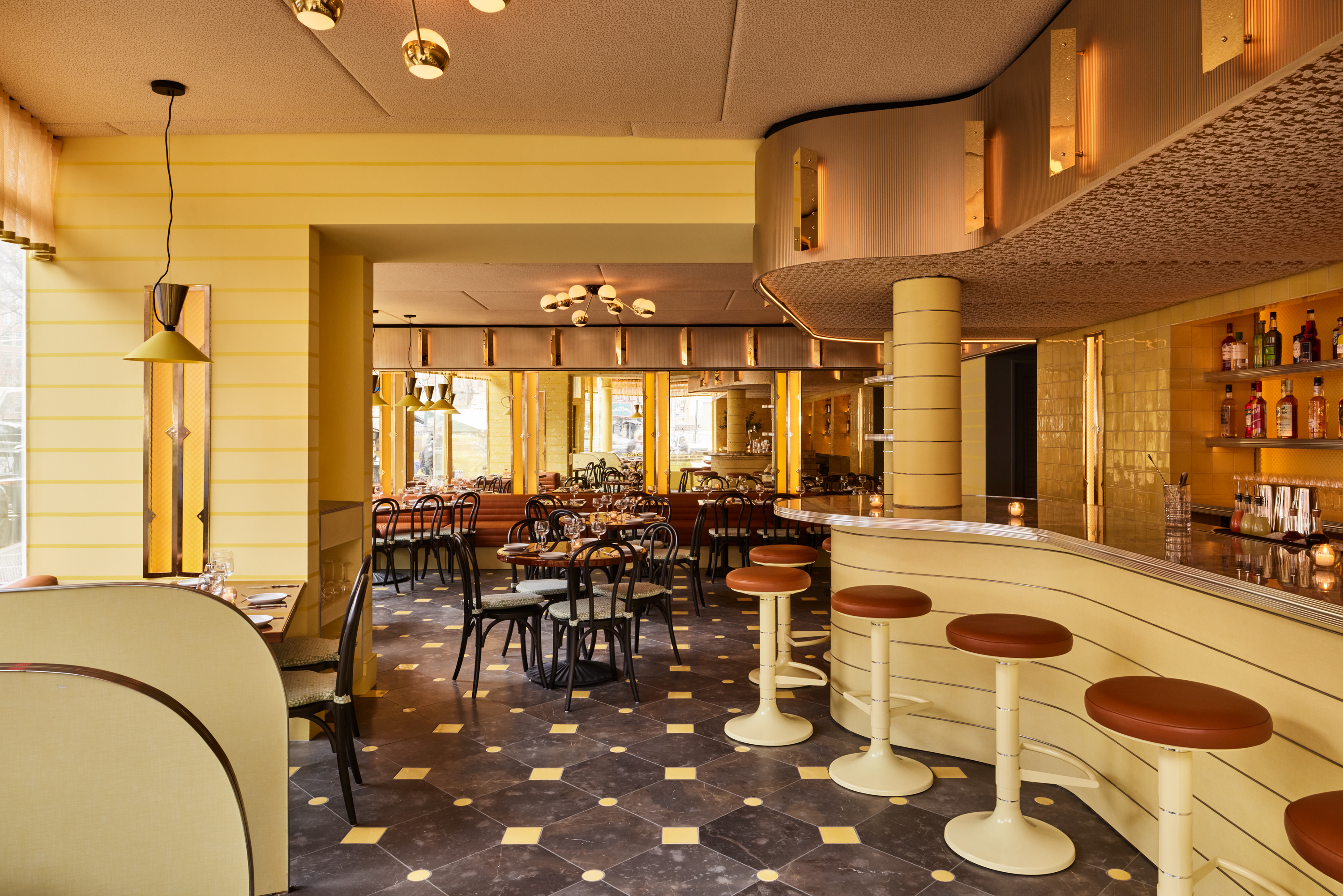 A yellow-accented bar and restaurant