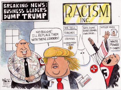 Political cartoon U.S. Trump business councils racism Charlottesville